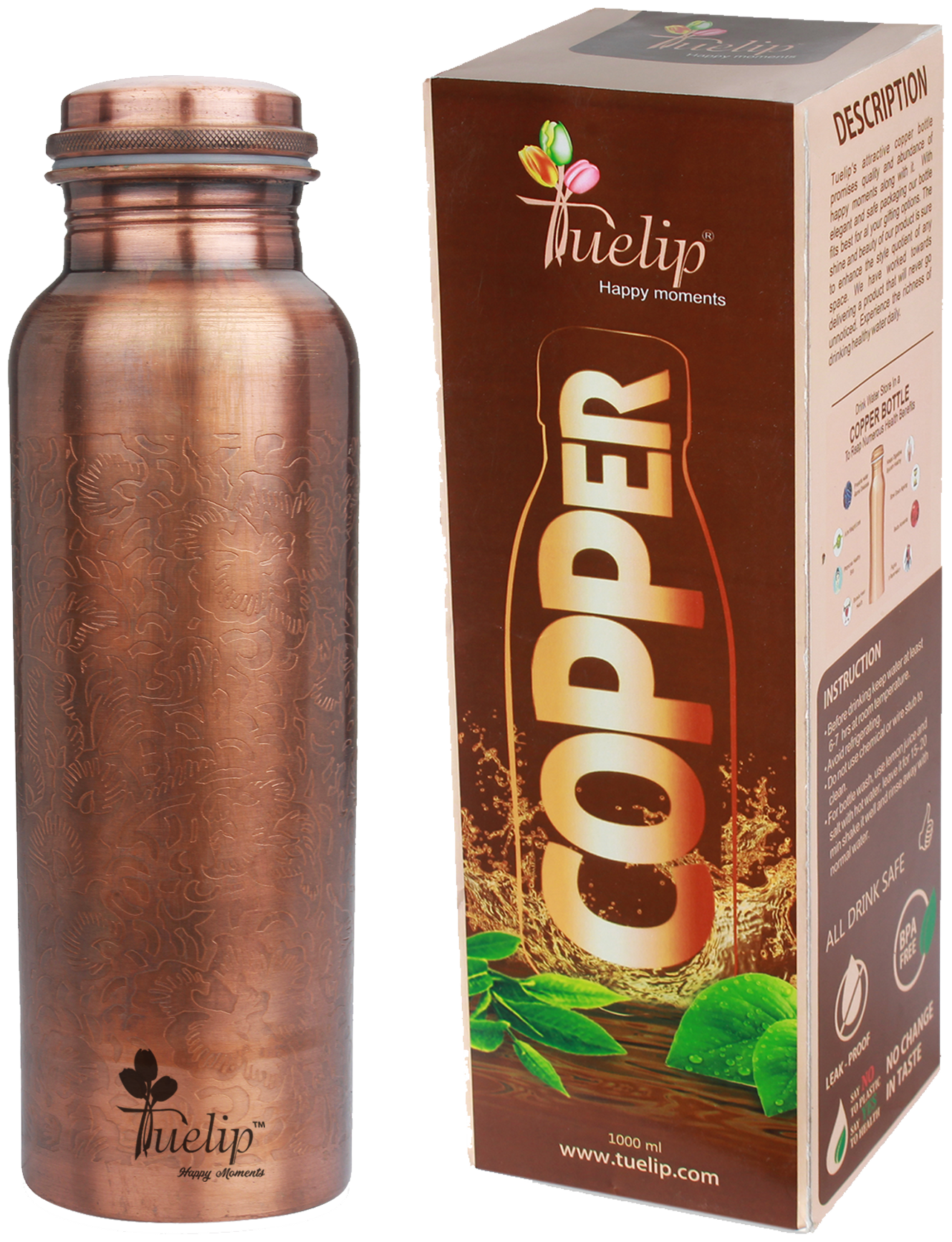 

Tuelip Copper Copper Water Bottle ( 1000 ml Set of 1 )