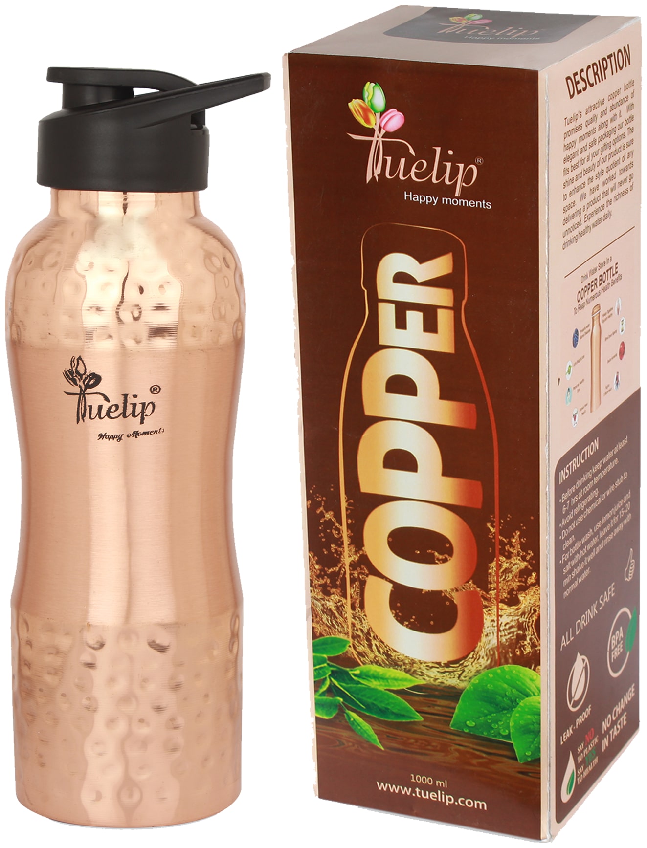 

Tuelip Copper Copper Water Bottle ( 1000 ml Set of 1 )