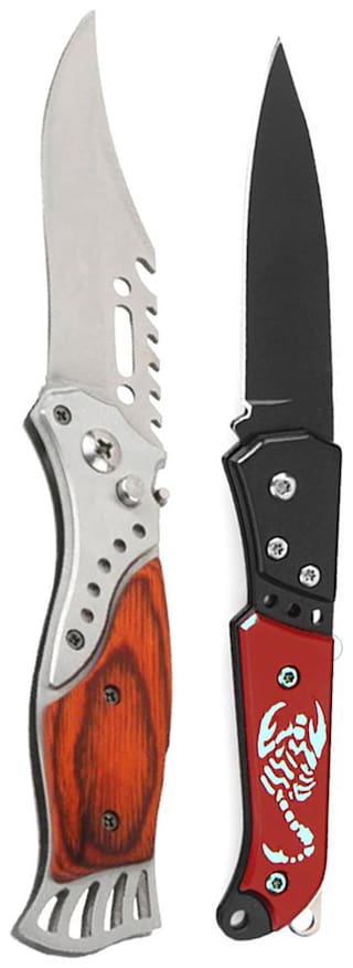 Tuelip Set Of 2 Folding Push Button Lock Knife With Torch & Red Folding Knife For Hiking , Camping , Travelling ULasharp Swiss Army Knife (Brown-Red)