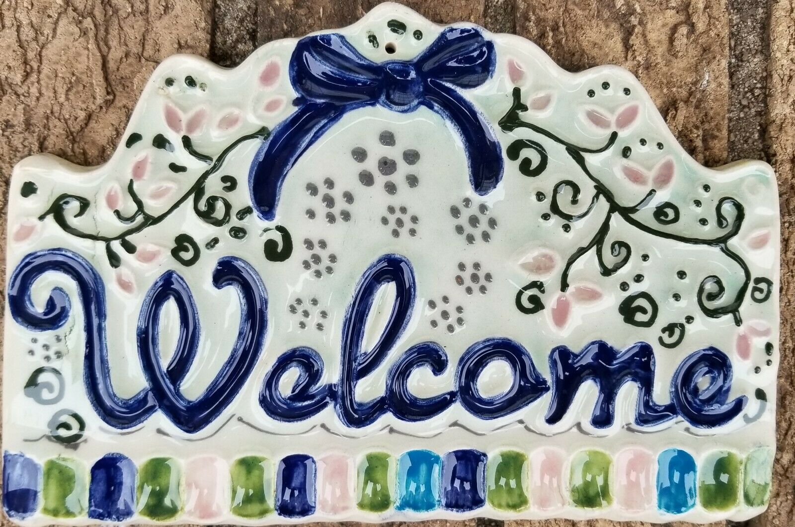 

Turkish Welcome Sign Plaque Handmade Ceramic Blue Navy Floral 7 5 NEW
