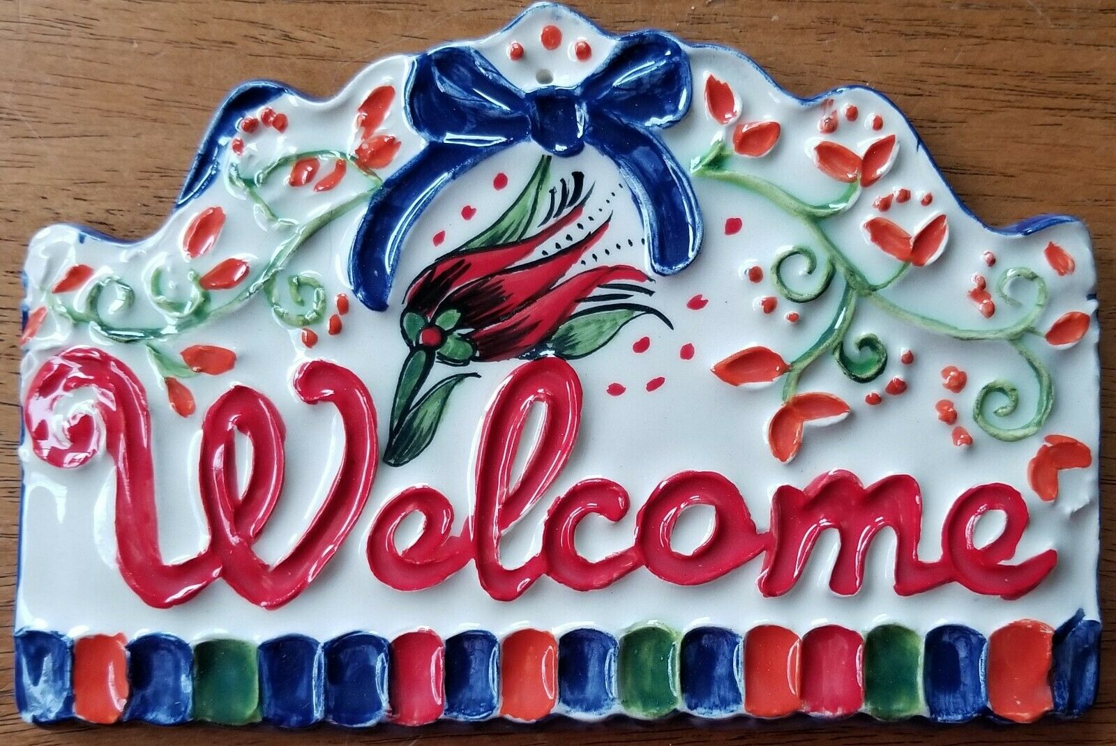 

Turkish Welcome Sign Plaque Handmade Ceramic Blue Red Floral 7 5 NEW