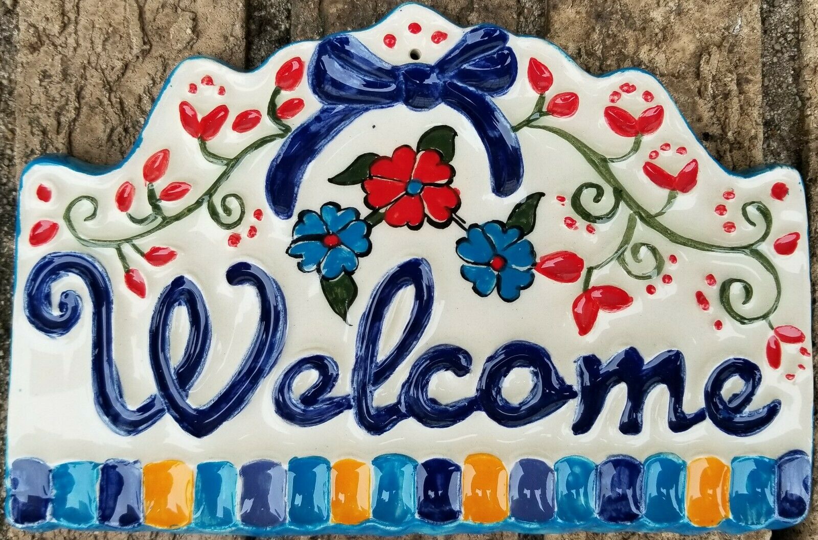 

Turkish Welcome Sign Plaque Handmade Ceramic Blue Red White Floral 7 5 NEW