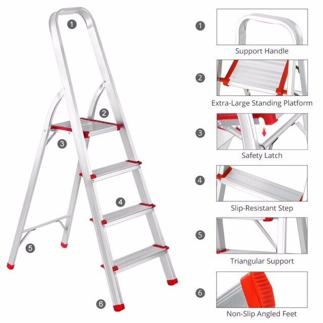 Ultra-Stable 4-Step Foldable Aluminium Ladder 55" (4.5 ft.) for Home Use