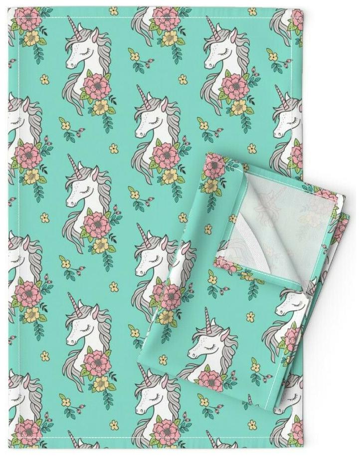 

Unicorn Mint Flowers Floral Boho Linen Cotton Tea Towels by Roostery Set of 2
