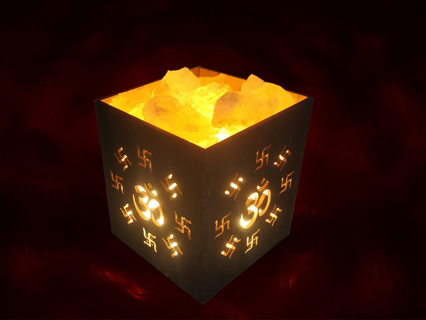 

Uniqon Natural Air Purifier Wooden Square Basket Vastu Feng Shui Himalayan Rock Salt Crystal Chunks Om Satya Table Lamp For Wellness Prosperity Positive Energy Healing And Peace Harmony Showpiece