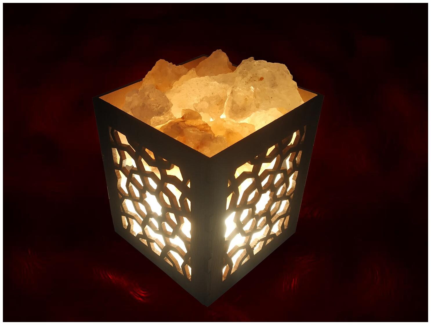 

Uniqon Natural Air Purifier Wooden Square Basket Feng Shui Vastu Himalayan Rock Salt Crystal Chunks Jali Table Lamp For Prosperity Positive Energy Healing And Peace Harmony Decorative Showpiece