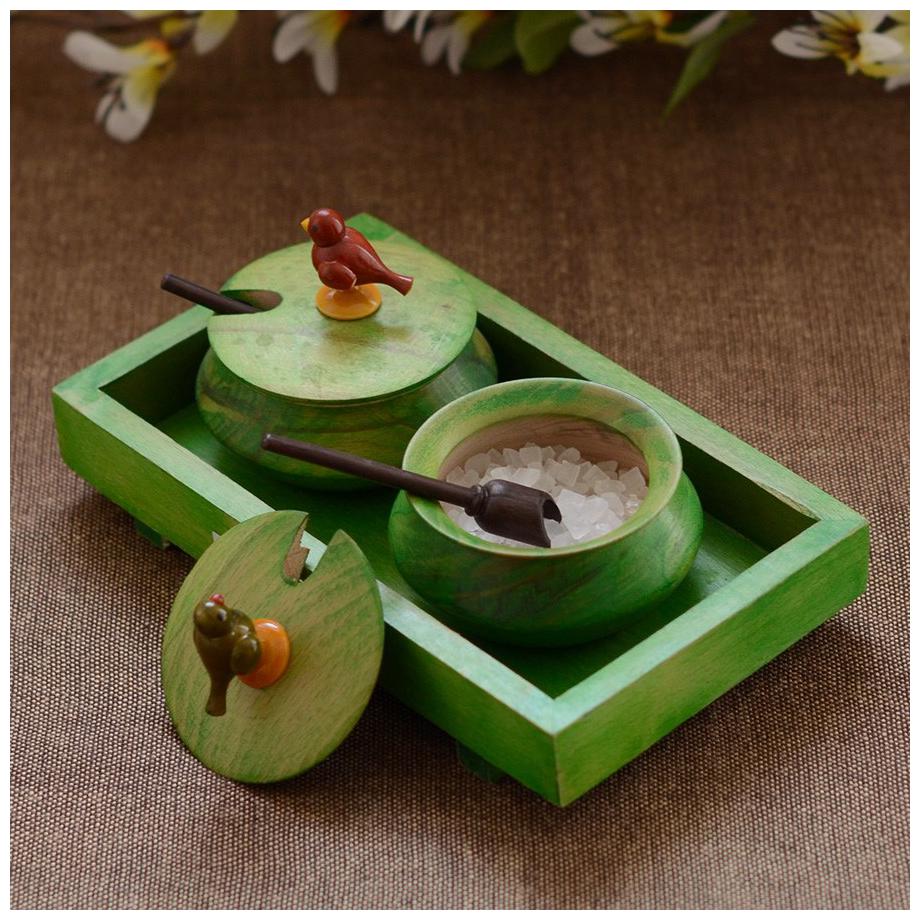 

Unravel India Wooden Green 2 Jar set with Base Tray and Spoon