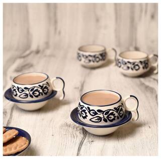 Unravel India Floral Print Blue Ceramic Cup Saucer(Set of 6)