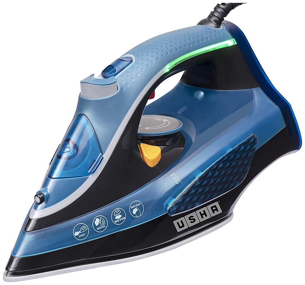 USHA Aqua Glow Smart Best Cloth Steamer Iron 2000 W with Innovative LED Indicator On Handle, Durable Ceramic Soleplate, Powerful Steam Output from 73 Steam Vents, 3-Way Auto Shut-Off, Anti-Drip, Anti-Calc (Blue)