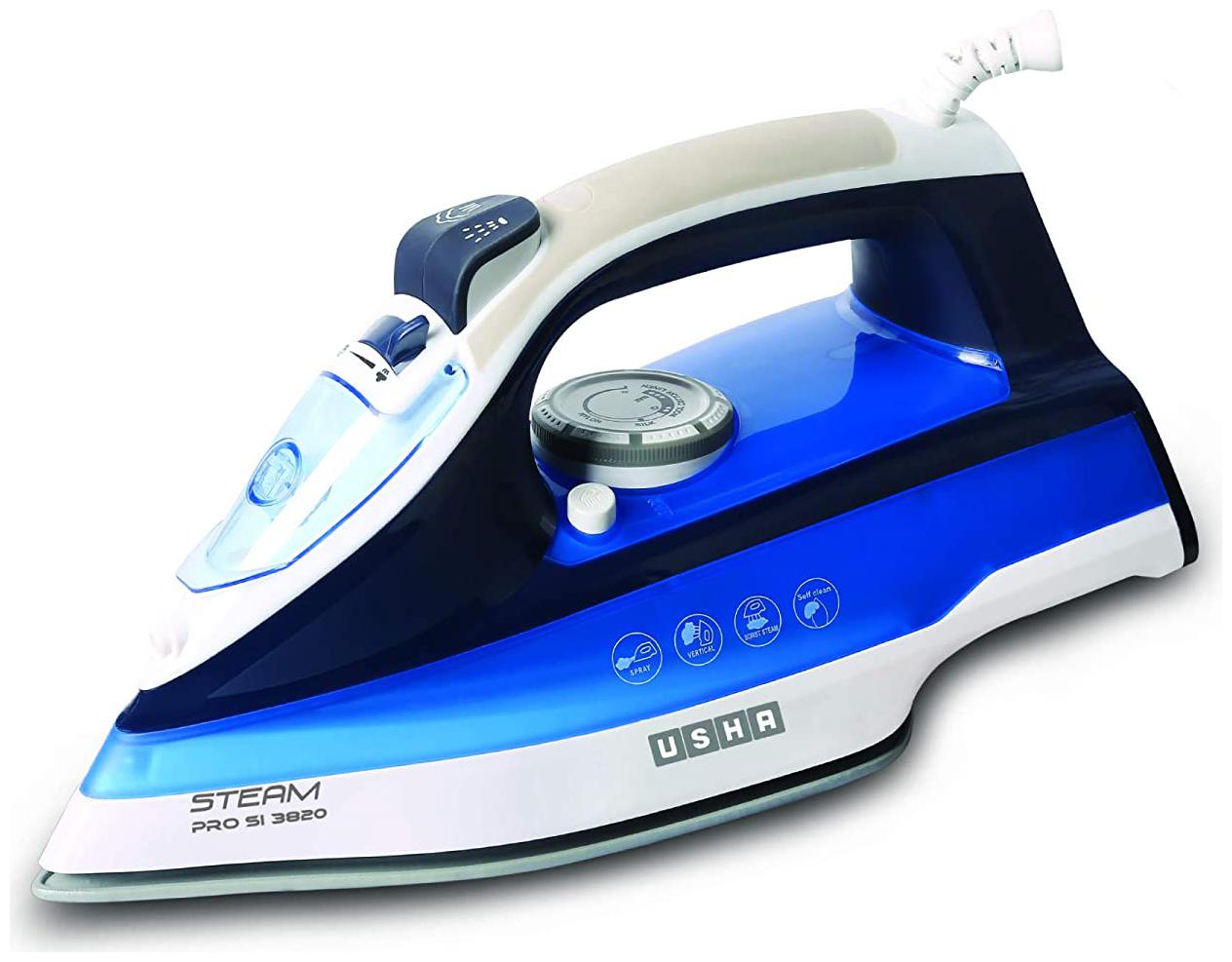 Usha Steam Pro SI 3820 Steam Press Iron 2000 W with Easy-Glide Durable Ceramic Soleplate, Powerful Steam Output from 73 Steam Vents, 280 ml Water Tank (Blue)