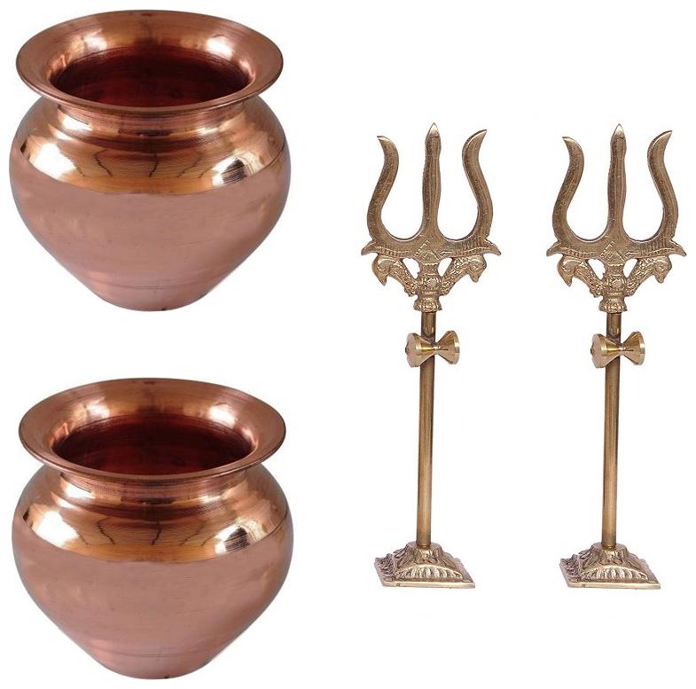 

Utkarsh Combo Of 4 pcs Trishul trident Damru with Stand Statue With Copper ( 2 No ) Kalash Lota