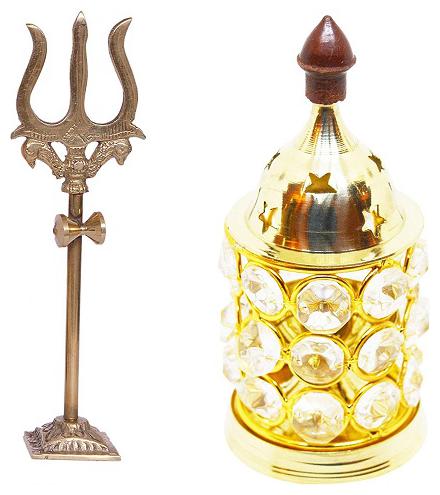 

Utkarsh Combo Of Crystal Akhand Diya Decorative Brass Oil Lamp Tea Light Holder With Trishul trident Damru with Stand Statue