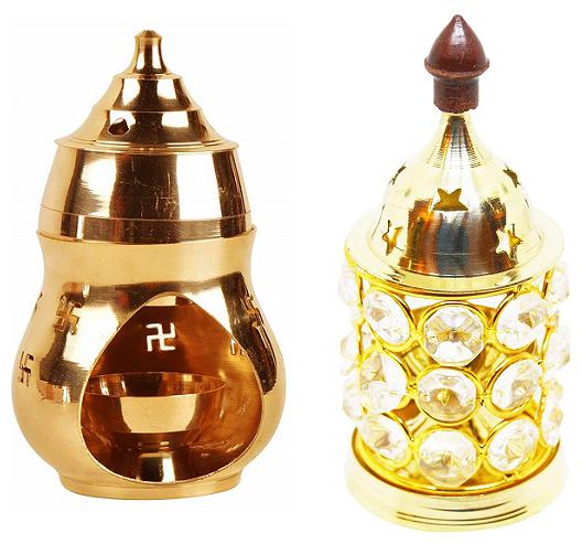 

Utkarsh Combo Of Crystal Akhand Diya Decorative Brass Oil Lamp Tea Light Holder With Kapoor camphor Diffuser Brass Diya lamp