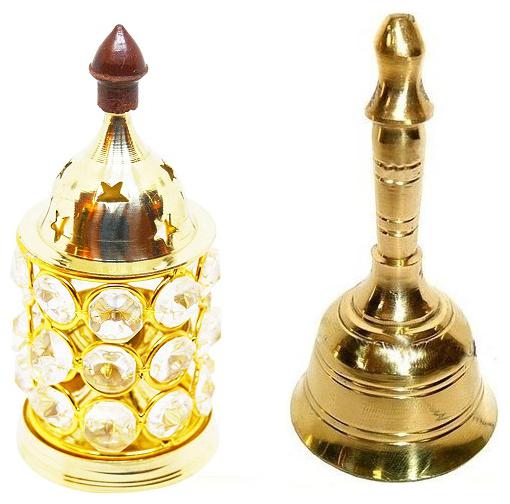 

Utkarsh Combo Of Crystal Akhand Diya Decorative Brass Oil Lamp Tea Light Holder With Round Head Pooja Puja Bell Ghanti