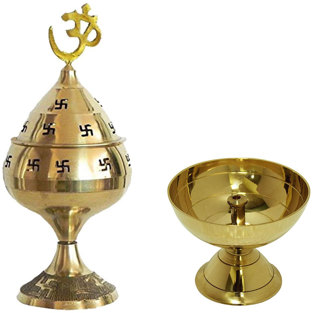 

Utkarsh Combo Of Classic Round Pure Brass Paro Pyali Table Diya With ( No 1 )Jali Akhand Jyoti Deep with Stand Cover Om
