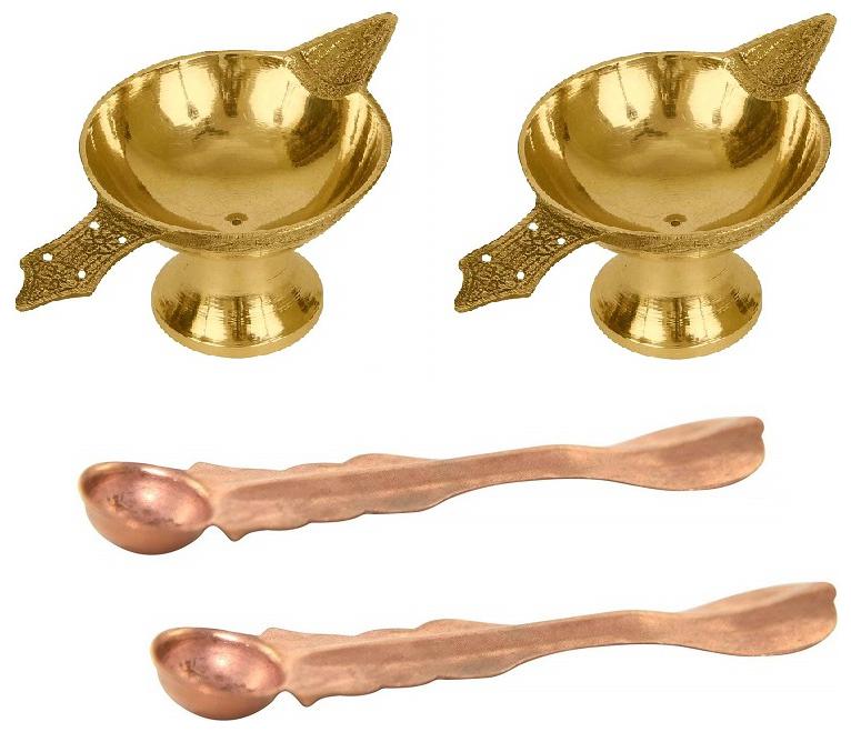 

Utkarsh Combo Of 2 pcs Copper Panch Patra Spoon for Poojan Purpose at Home With 2 pcs Brass Akhand Laxmi Deepak Pital Diya