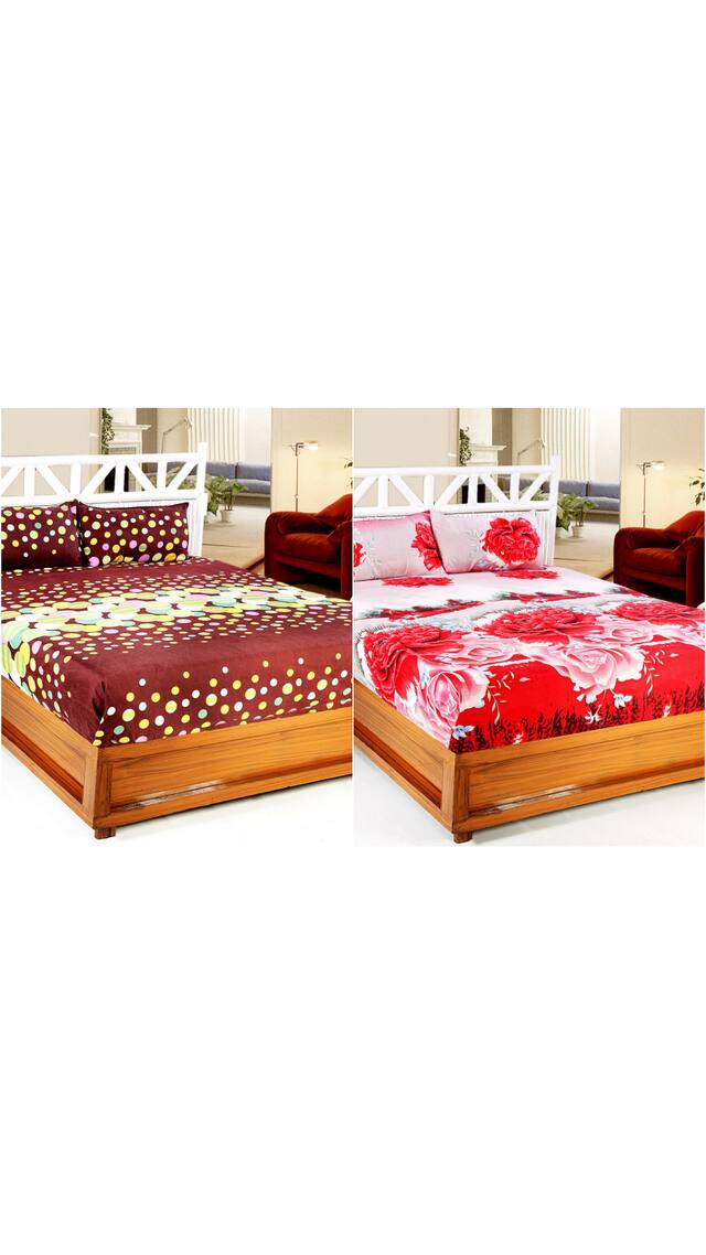 Valtellina Microfiber 3D Printed Double Size Bedsheet 104 TC ( 2 Bedsheet With 4 Pillow Covers , Multi )