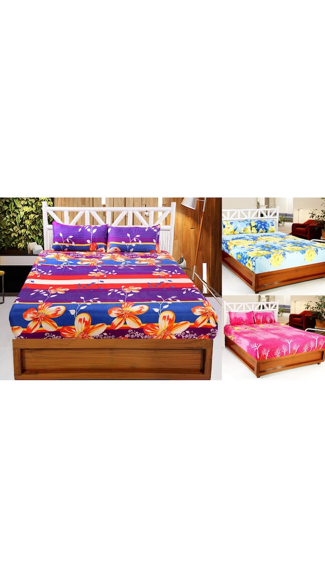 Valtellina Microfiber 3D Printed Double Size Bedsheet 104 TC ( 3 Bedsheet With 6 Pillow Covers , Multi )