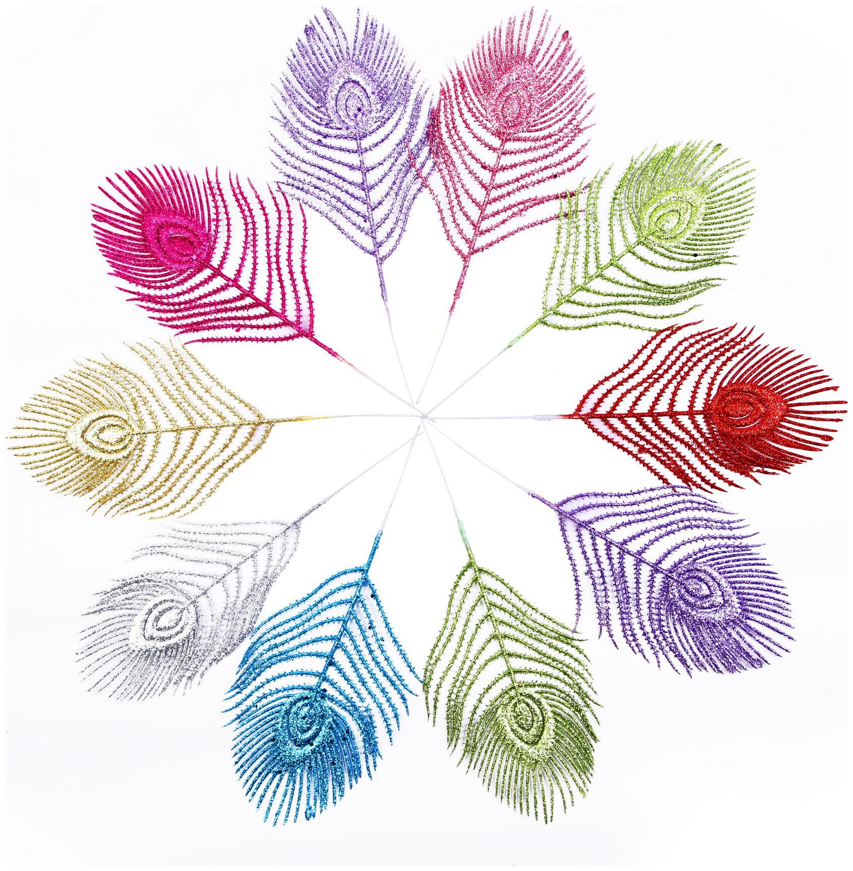 

Vardhman Glittered Decorative Peacock Feather Design Leaves Set of 10