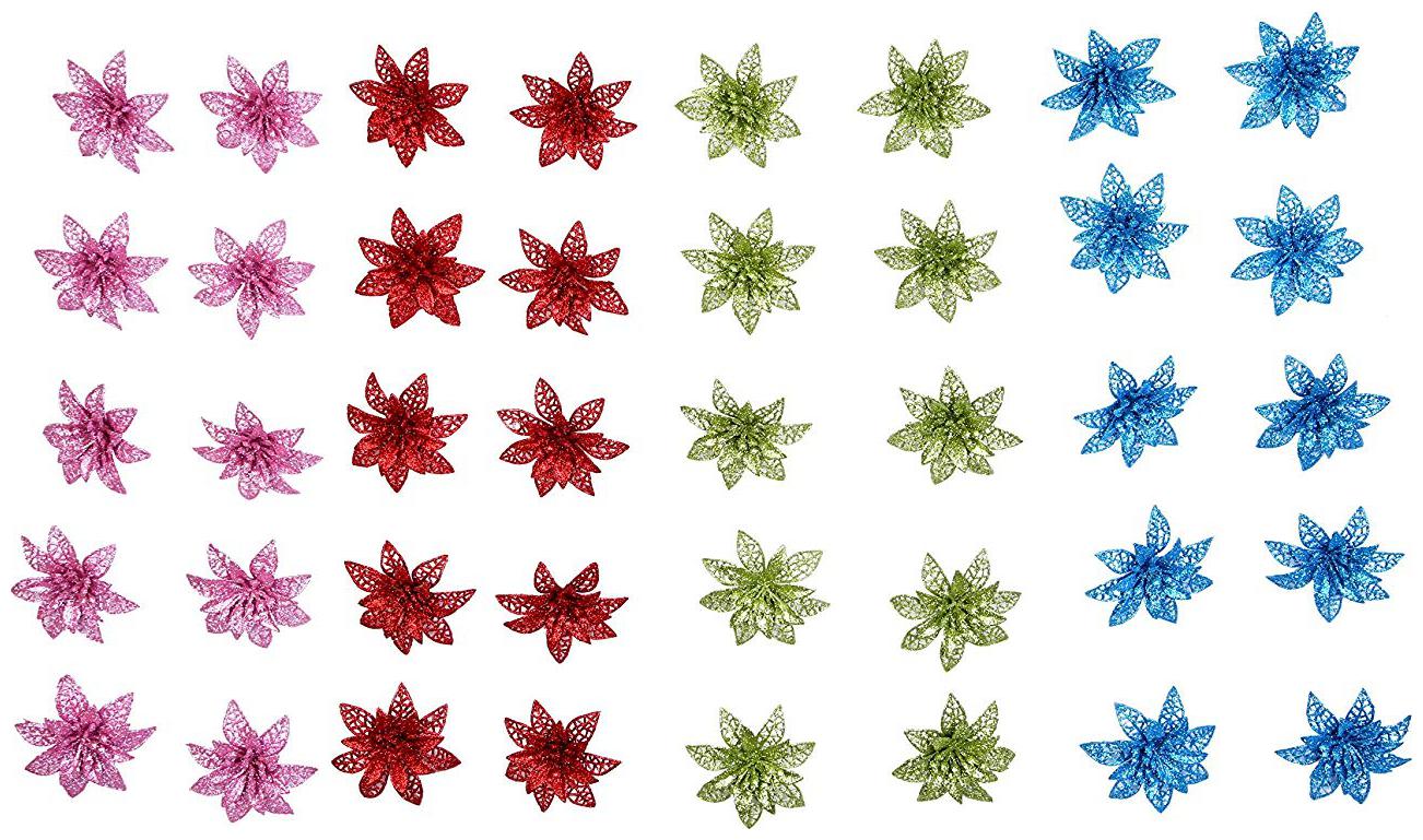 

Vardhman Glittered Decorative Flowers 4 Colors 10 pcs Each Set of 40 Flowers use in Party Hall Decorations Gift wrappings Wedding Decorations Card Decoration