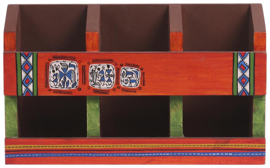 

VarEesha Orange Warli Wooden Remote and Cutlery Organiser