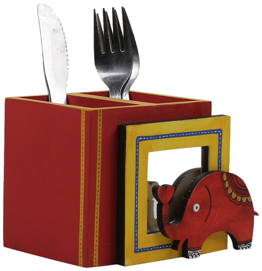 

VarEesha Red Elephant Small Wooden Cutlery Holder