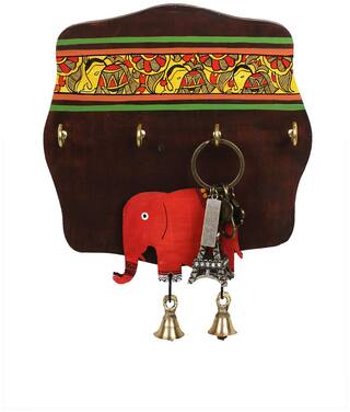 VarEesha Red Elephant Wooden Madhubani Key Holder with Four Hooks
