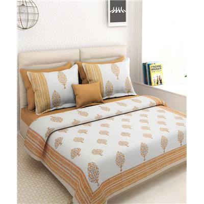 

VarEesha White Orange Block Print Bedsheet