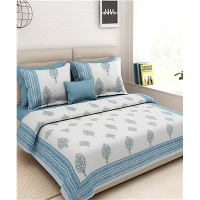 

VarEesha White Turquoise Block Print Bedsheet