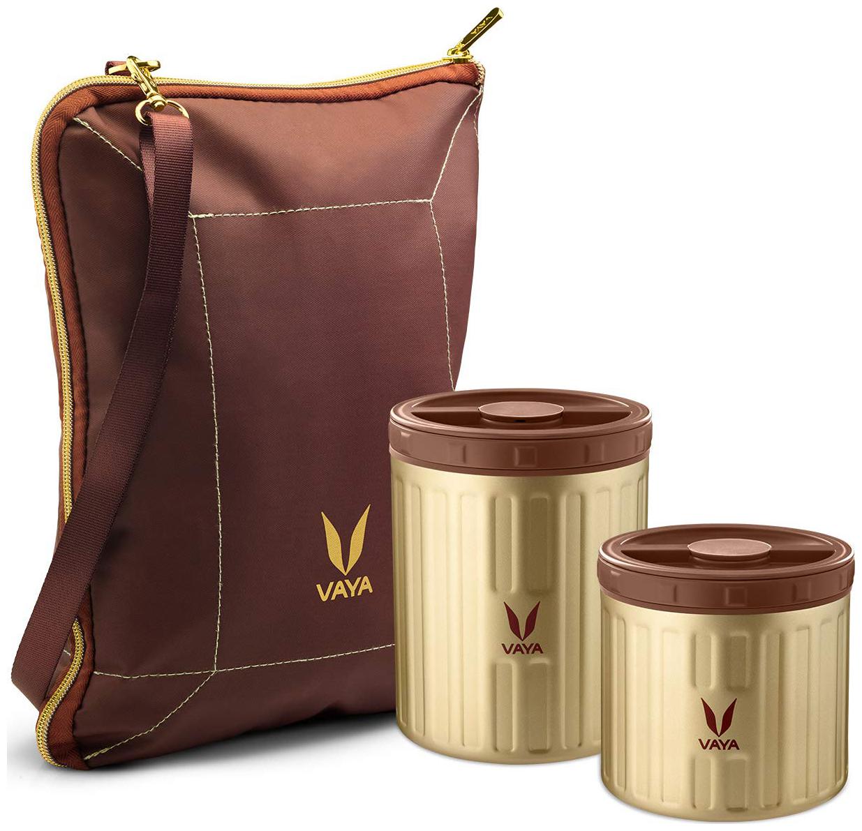 

Vaya Preserve 800 ml Gold - Vacuum Insulated Stainless Steel Meal Carrier with BagMat Salad Box 1 x 300 ml 1 x 500 ml 2 Containers Lunch Box