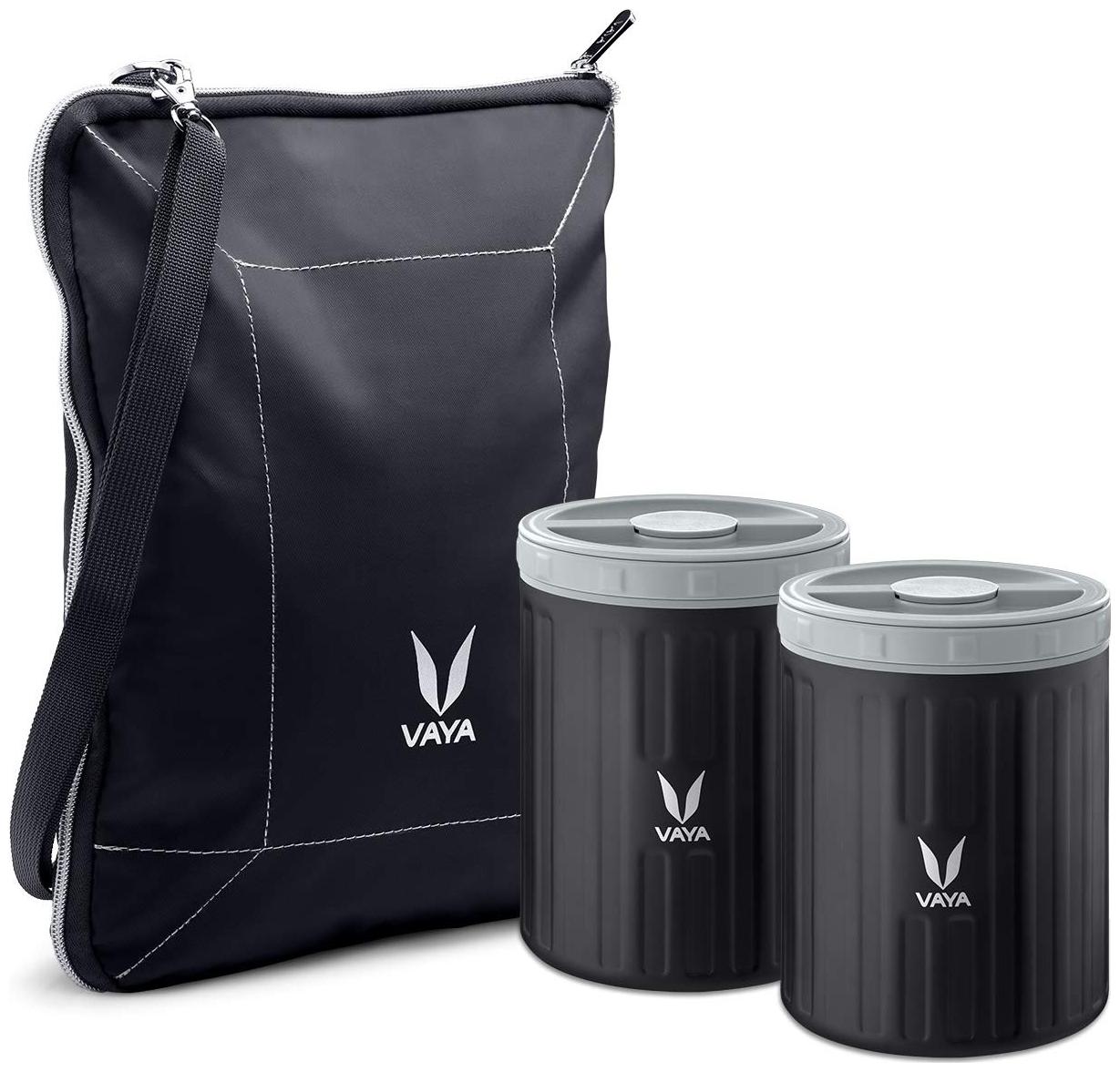 

Vaya Preserve 1000 ml Black - Vacuum Insulated Stainless Steel Meal Carrier with BagMat Soup Box Meal Jar 2 x 500 ml 2 Containers Lunch Box