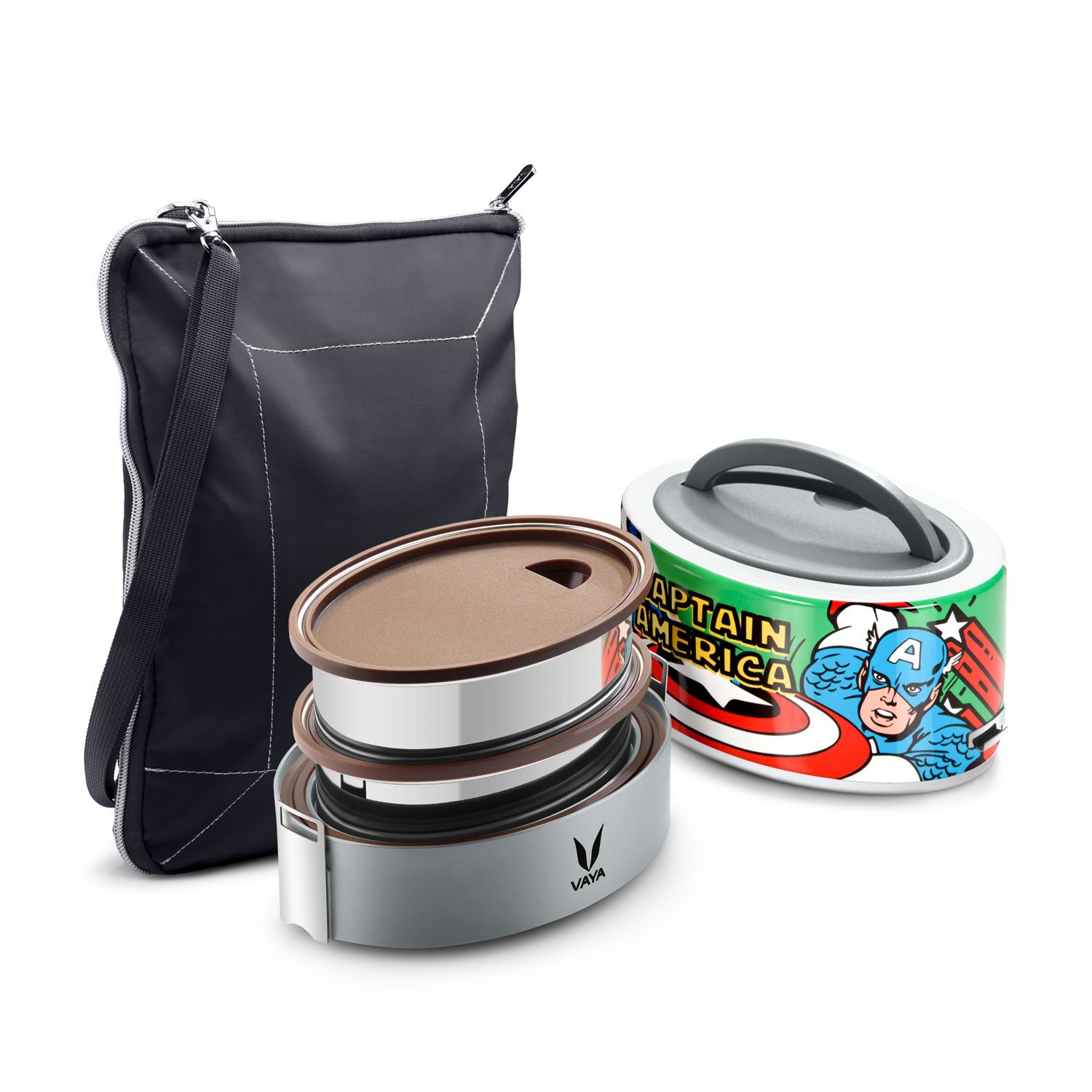 

Vaya Tyffyn Polished Stainless Steel Lunch Box with Bagmat 600 ml 2 Containers Captain America