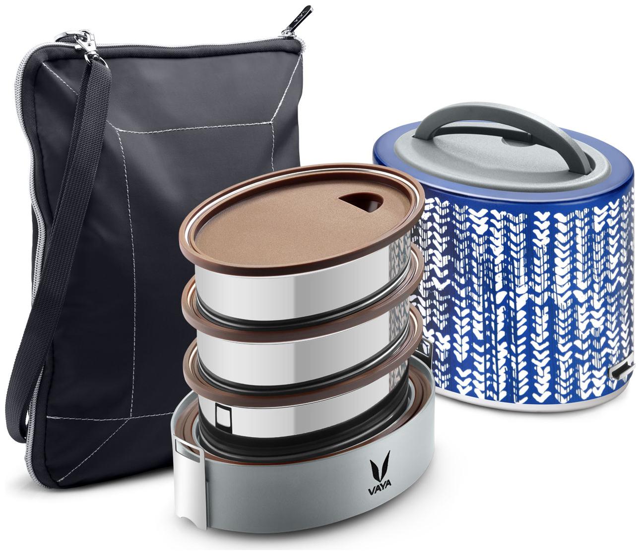 

Vaya Tyffyn Polished Stainless Steel Lunch Box with Bagmat 1000 ml 3 Containers Indigo