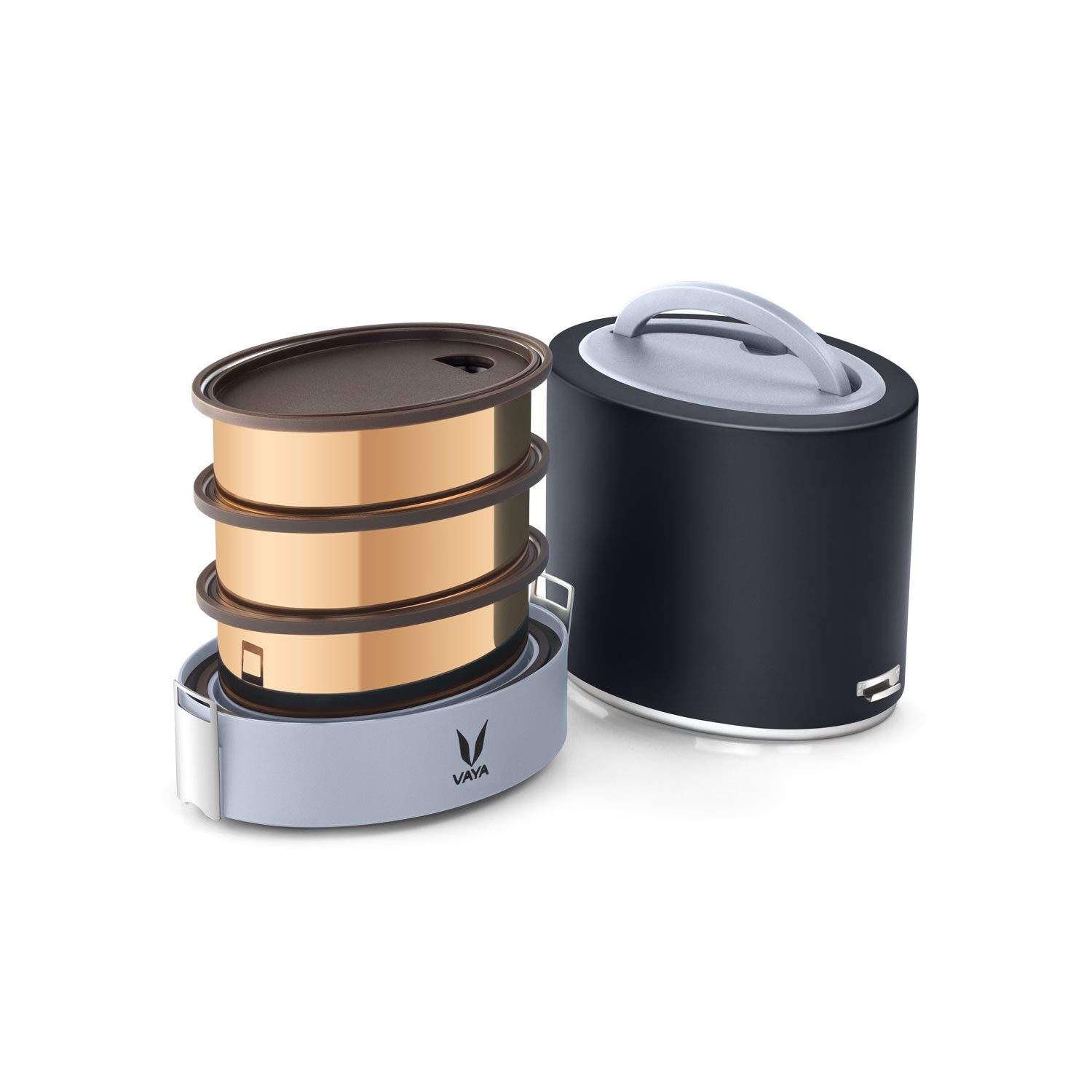 

Vaya Tyffyn 1000ml Black Lunch Box without BagMat - Copper-finished Stainless Steel 3-Container Tiffin Box