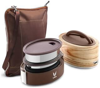Vaya Tyffyn 600ml Maple Lunch Box with BagMat - Polished Stainless Steel 2-Container Tiffin Box
