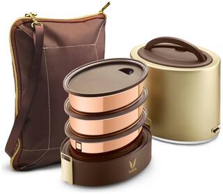 Vaya Tyffyn Copper-Finished Stainless Steel Lunch Box without Bagmat, 1000 ml, 3 Containers, Gold