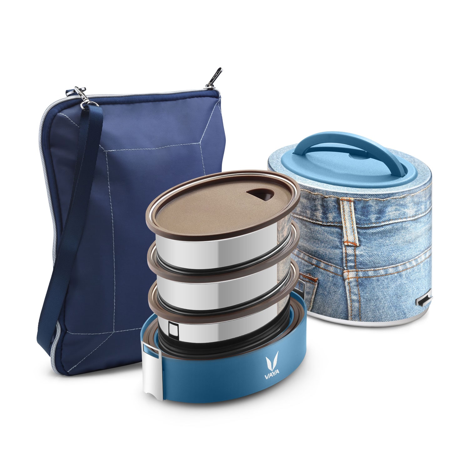 

Vaya Tyffyn 1000ml Denim Lunch Box with BagMat - Polished Stainless Steel 3-Container Tiffin Box