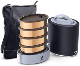 Vaya Tyffyn Jumbo Copper-Finished Stainless Steel Lunch Box with Bagmat, 1300 ml, 4 Containers, Black