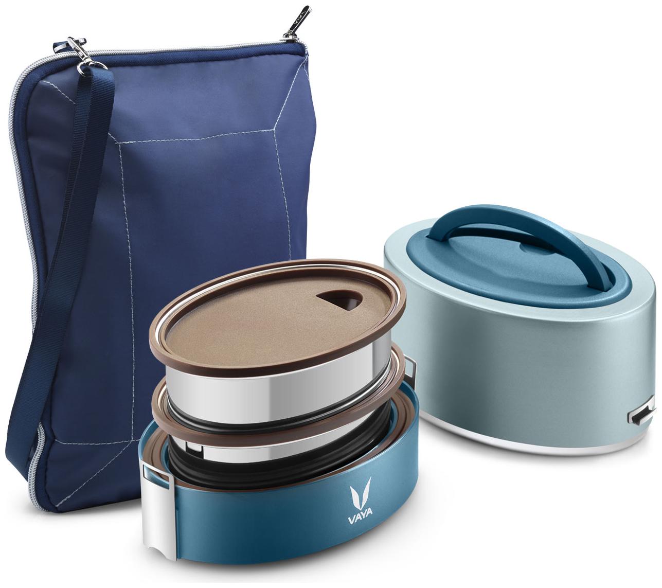 

Vaya Tyffyn 600ml Blue Lunch Box with BagMat - Polished Stainless Steel 2-Container Tiffin Box