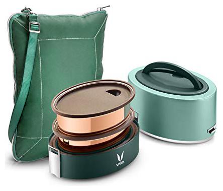 

Vaya Tyffyn Copper-Finished Stainless Steel Lunch Box with Bagmat 600 ml 2 Containers Green