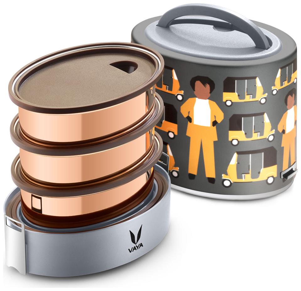 

Vaya Tyffyn 1000ml Super Auto Lunch Box without BagMat - Copper-finished Stainless Steel 3-Container Tiffin Box