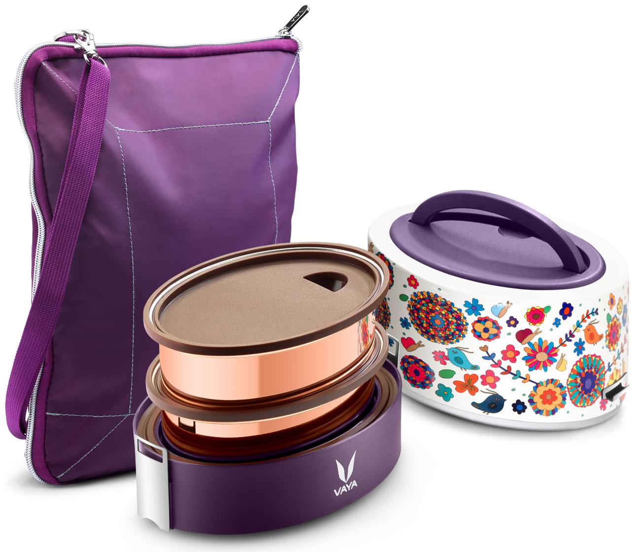 

Vaya Tyffyn Copper-Finished Stainless Steel Lunch Box with Bagmat 600 ml 2 Containers Bloom