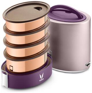 Vaya Tyffyn Jumbo Copper-Finished Stainless Steel Lunch Box without Bagmat, 1300 ml, 4 Containers, Purple