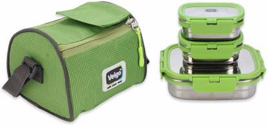 

Veigo Lock N Steel 100 Air Tight 1 Big(630ml) and 2 Small Containers(2x180ml) with Fabric Bag Combo Pack 3 (1 Big 2 Small Fabric Pouch) Green