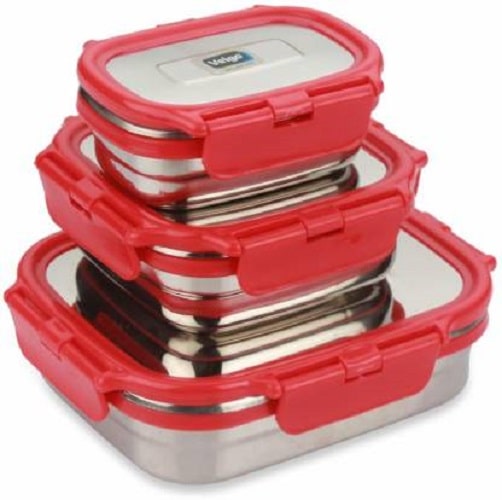 

Veigo Lock N Steel 100 Air Tight 3 Pcs Celebration 1140ML Gift Pack 3 Containers Lunch Box Celebration Pack - Red - 1140ML