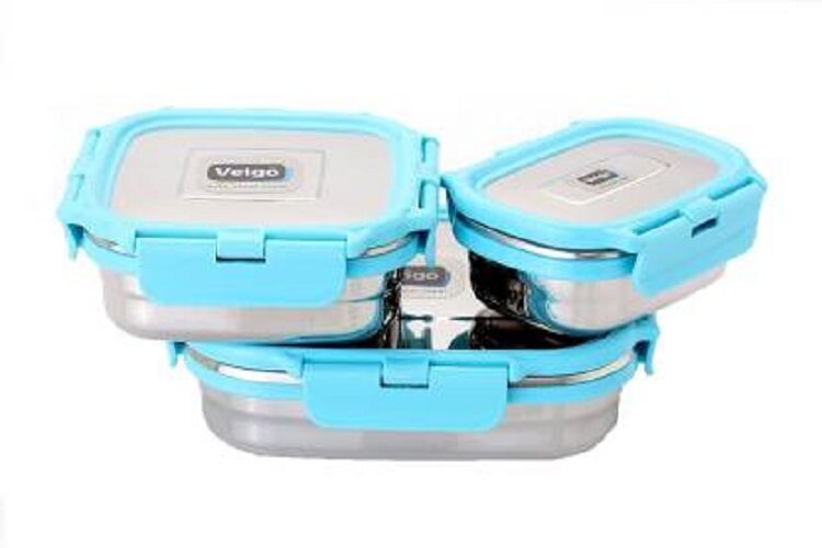 

Veigo Lock N Steel 100 Air Tight 3 Pcs Celebration 1140ML Gift Pack 3 Containers Lunch Box Celebration Pack - Light Blue - 1140ML