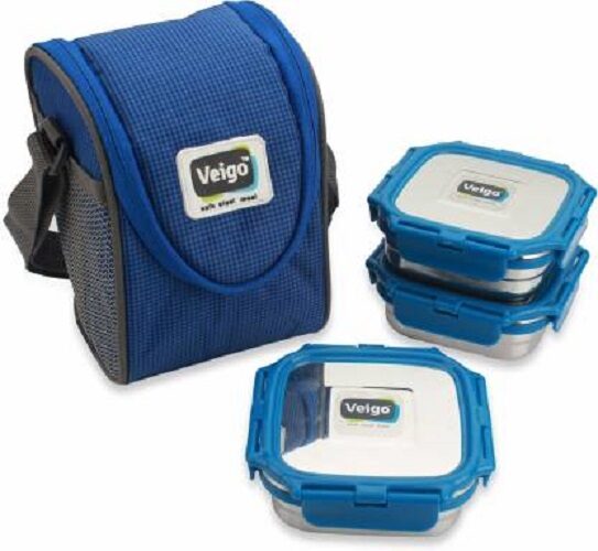 

Velgo Lock N Steel 100 Air Tight 3 pcs Medium Container (3 x 330ml) with Lunch Bag Combo Pack 4 ( 3 Veigo Medium Fabric Pouch) Blue
