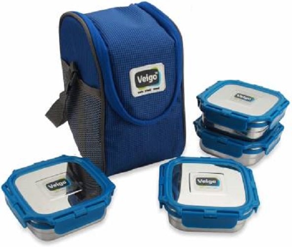 

Velgo Lock N Steel 100 Air Tight 4 pcs Pack (4 x 330 ml) Red with Fabric Lunch Bag (1320ml) Combo Pack 5 ( 4 Veigo Medium Fabric Pouch) Blue