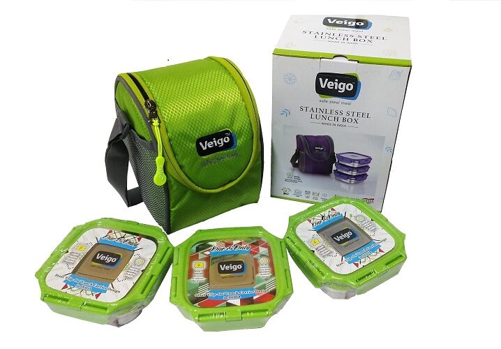 

Velgo Lock N Steel 100 Air Tight 3 pcs Medium Container (3 x 330ml) with Lunch Bag Combo Pack 4 ( 3 Veigo Medium Fabric Pouch) Green