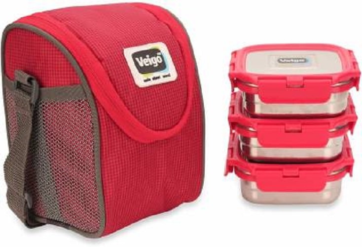 

Velgo Lock N Steel 100 Air Tight 3 pcs Medium Container (3 x 330ml) with Lunch Bag Combo Pack 4 ( 3 Veigo Medium Fabric Pouch) Red